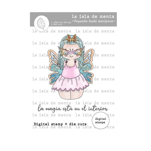 PEQUEÑA HADA MARIPOSA - digital stamp + die cut, lineart illustration for scrapbooking, for coloring and card making.