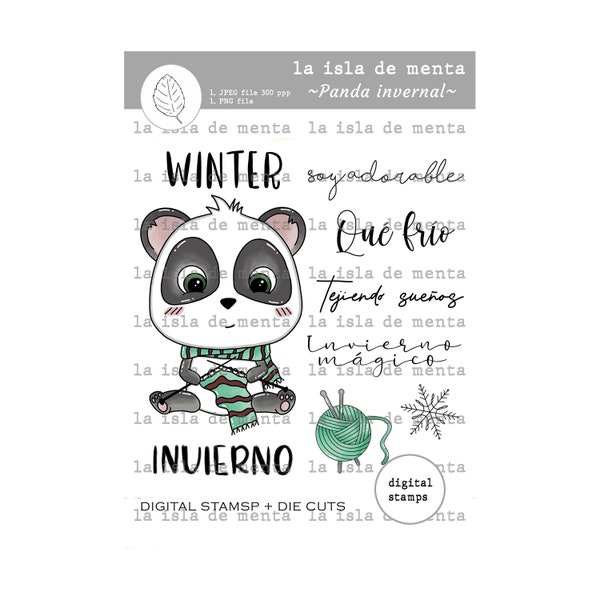 PANDA INVERNAL - digital stamp + die cut, lineart illustration for scrapbooking, for coloring and card making.