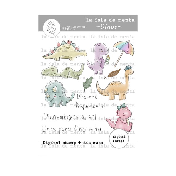 DINOS - digital stamp + die cut, lineart illustration for scrapbooking, for coloring and card making.