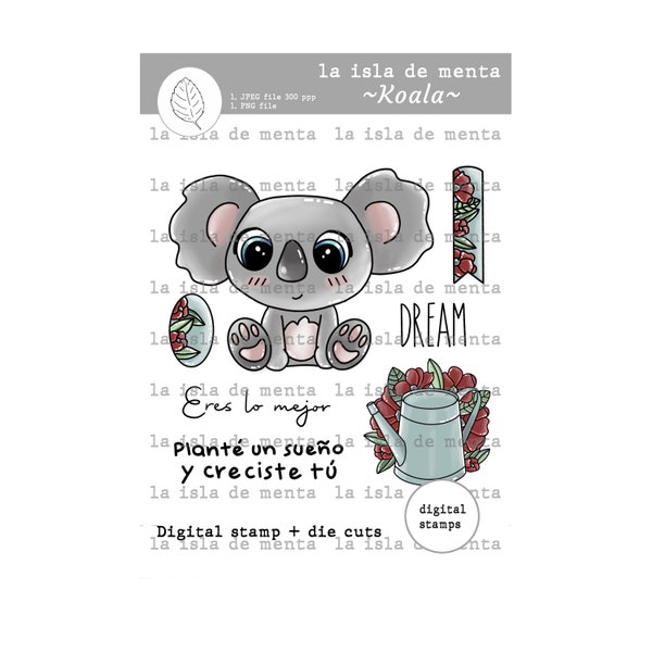 KOALA - digital stamp + die cut, lineart illustration for scrapbooking, for coloring and card making.