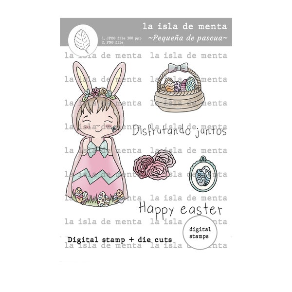 PEQUEÑA DE PASCUA - digital stamp + die cut, lineart illustration for scrapbooking, for coloring and card making.