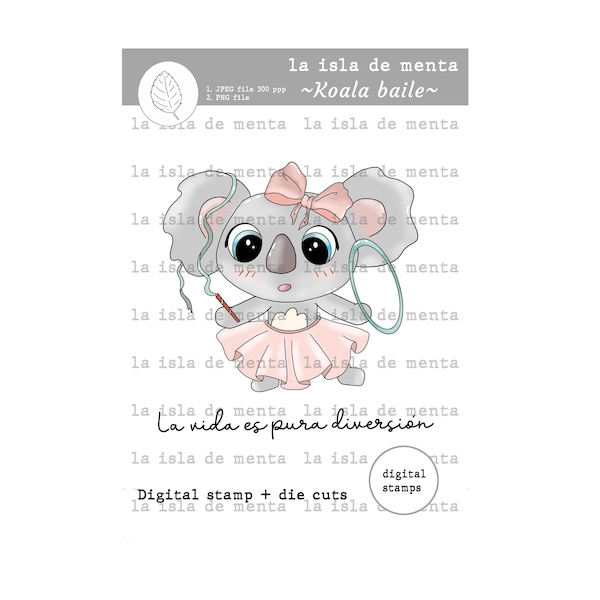 KOALA BAILE - digital stamp + die cut, lineart illustration for scrapbooking, for coloring and card making.