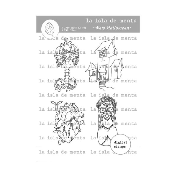 NEW HALLOWEEN- digital stamp, lineart illustration for scrapbooking, for coloring and card making.