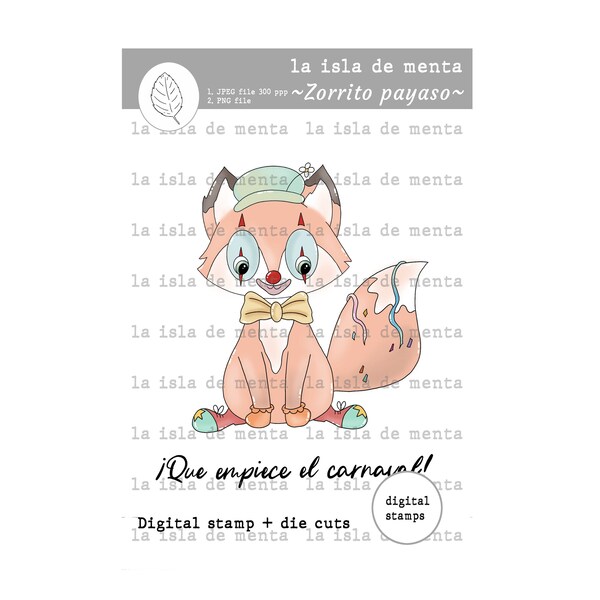 ZORRITO PAYASO - digital stamp + die cut, lineart illustration for scrapbooking, for coloring and card making.