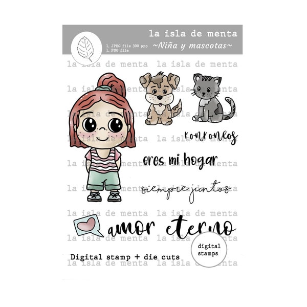 NIÑA Y MASCOTAS - digital stamp + die cut, lineart illustration for scrapbooking, for coloring and card making.
