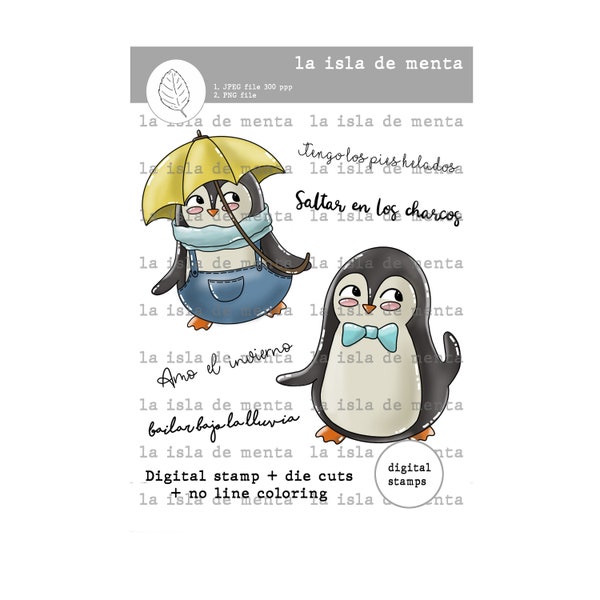 PINGÜINOS- digital stamp + no line coloring + die cut, lineart illustration for scrapbooking, for coloring and card making.