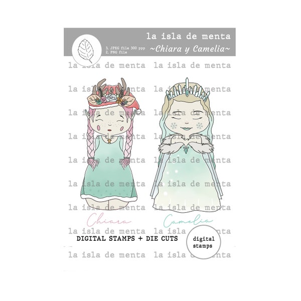 CHIARA Y CAMELIA- digital stamp + die cut, lineart illustration or scrapbooking, for coloring and card making.