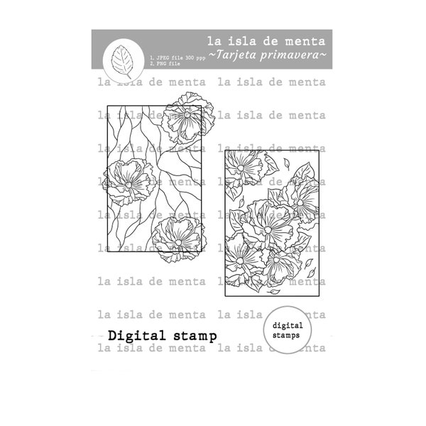 TARJETA PRIMAVERA - digital stamp + die cut, lineart illustration for scrapbooking, for coloring and card making.