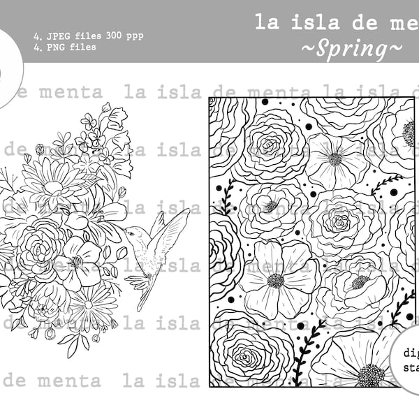 SPRING- digital stamp, lineart illustration for scrapbooking, for coloring and card making.