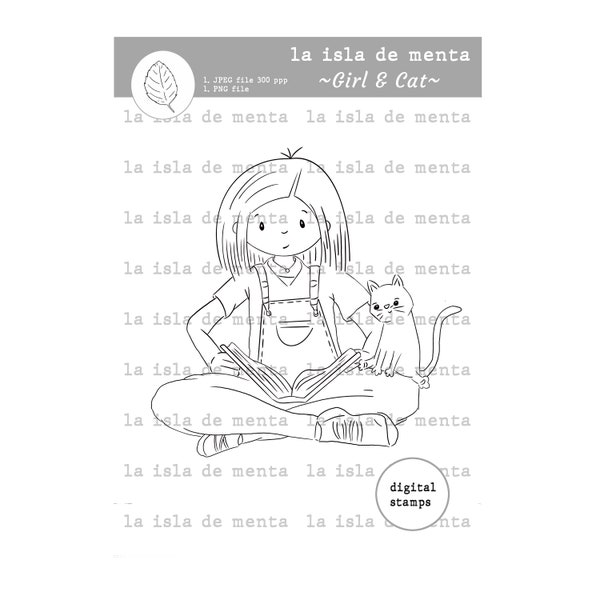 GIRL&CAT- digital stamp, lineart illustration for scrapbooking, for coloring and card making.