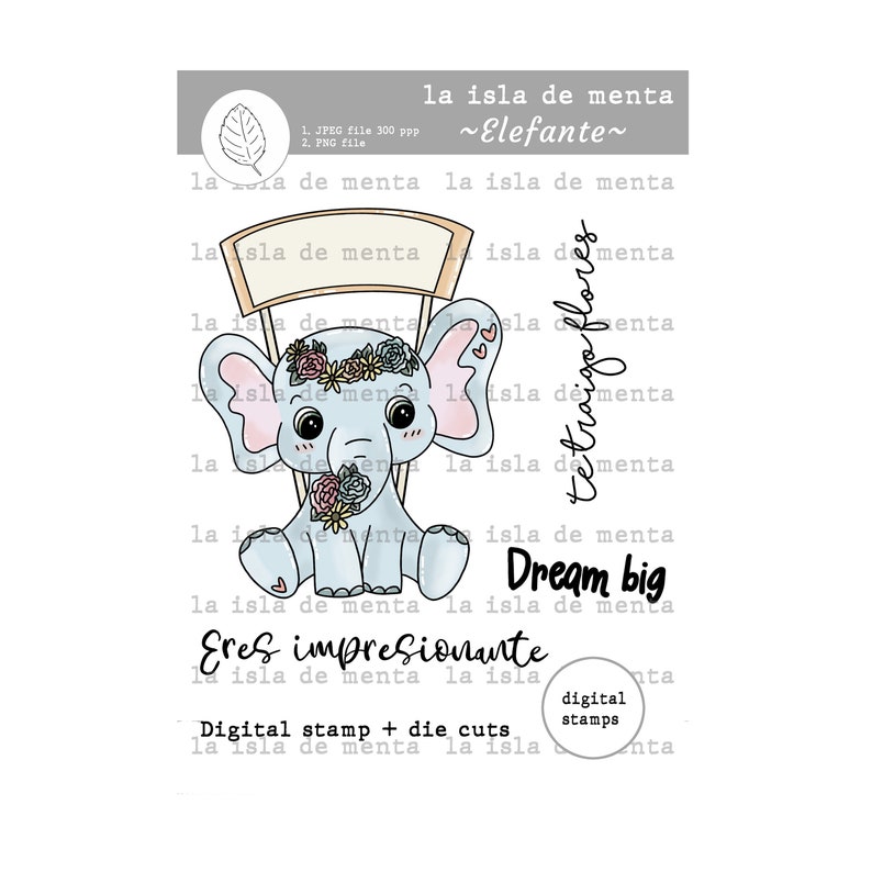 ELEFANTE digital stamp die cut, lineart illustration for scrapbooking, for coloring and card making. image 1