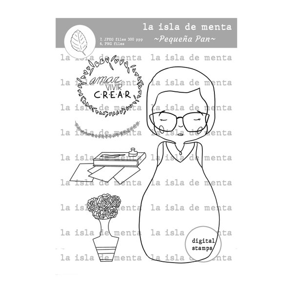 PEQUEÑA PAN- digital stamp, lineal illustration for scrapbooking, for coloring and card making.