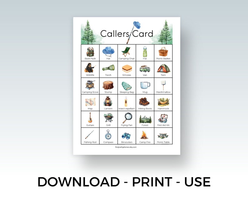 50 Printable Camping Bingo Cards| Camping Picture Bingo| Camping Party ...
