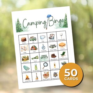 50 cartes de bingo de camping imprimables | Bingo avec photos de camping| Jeu de fête de camping| Jeux d'activités festives en classe| Cartes de bingo| Jeux amusants en famille