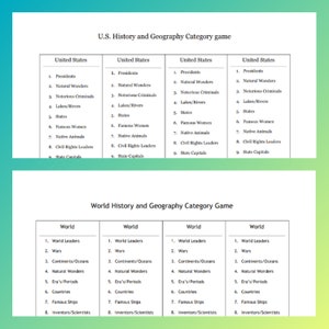 May include: A chart with the title "U.S. History and Geography Category Game" and "World History and Geography Category Game". The chart is divided into four columns, each with a list of nine categories related to U.S. and world history and geography.