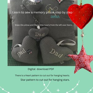 Puede incluir: Una guía PDF de descarga digital para coser una almohada de recuerdo y adornos colgantes de tela. La imagen muestra una almohada de cuadros vichy en blanco y negro con corazones, un adorno de corazón rojo y una estrella roja con copos blancos.
