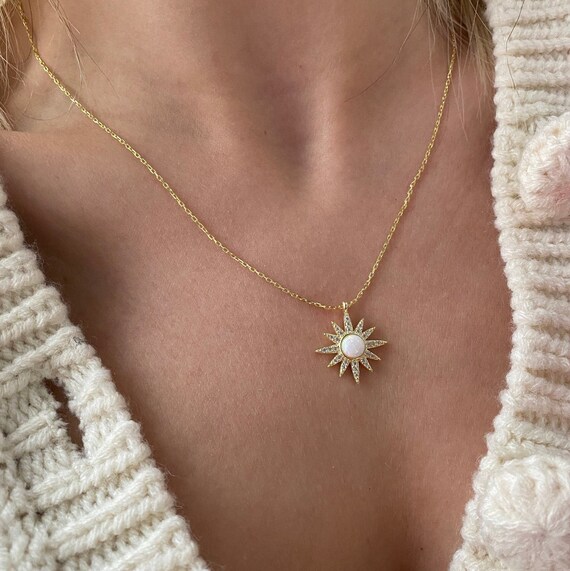 White Opal Sun Stone Necklace dainty Minimal Opal Stone Pendant