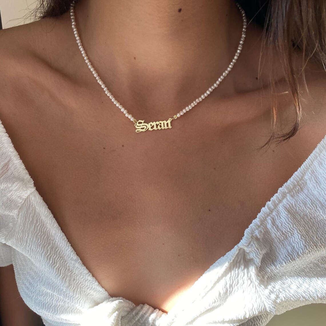 Gold Pearl Name Necklace Personalized Name Minimal Necklace | Etsy