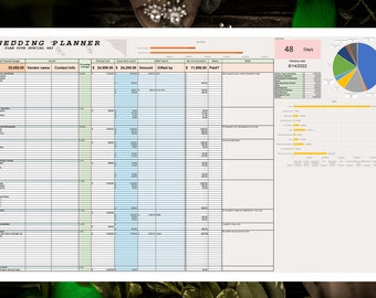 May include: A wedding planner spreadsheet with a total budget of $25,000.00. The spreadsheet includes columns for vendor name, contact info, percentage of budget, payment terms, amount paid, amount gifted, and notes. The spreadsheet also includes a pie chart and bar graph.