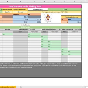 Calculadora de carga de hojas de cálculo, absorción, cera y fragancia para hacer velas