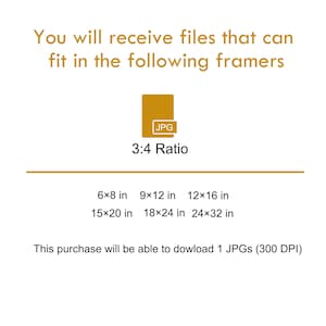 May include: A graphic showing the different sizes of digital images that can be downloaded. The sizes are 6x8 inches, 9x12 inches, 12x16 inches, 15x20 inches, 18x24 inches, and 24x32 inches. The graphic also states that the image is a JPG and has a 3:4 ratio.