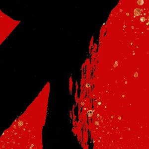 May include: Abstract art print with black brushstrokes on a red background with gold glitter accents.