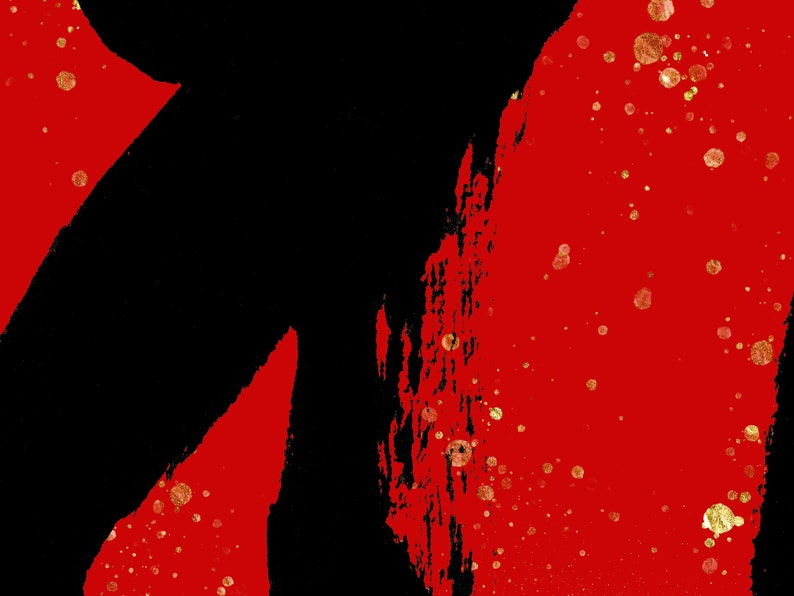 May include: Abstract art print with black brushstrokes on a red background with gold glitter accents.