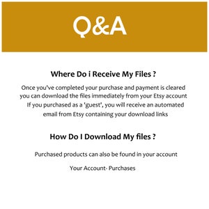 May include: A yellow banner with the text "Q&A" in black. The text below the banner explains how to download digital files purchased on Etsy. The text includes information about downloading files immediately after purchase and receiving an automated email with download links if you purchased as a guest.