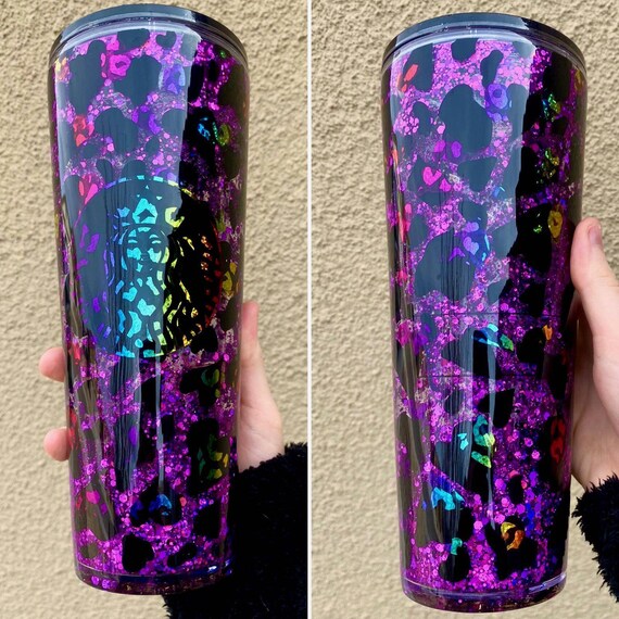 Lisa Frank Starbucks Glass Can Snow globe Tumbler | Rhinestone Lid |  Tumbler with Glass Straw and Lid | 16oz Glass Can | Pink Glass Can