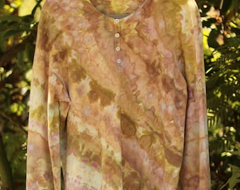 Ice dyed long sleeve shirt, unisex XL, henley long sleeve tie dye shirt, waffle knit, hand dyed thermal top, festival wear, neutral colors