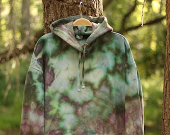 Ice Dyed Cropped Hoodie in Tide Pool, Women's XL, Soft Cotton Fleece Sweatshirt, Cozy Tie Dye Pullover, OOAK, Green, Purple