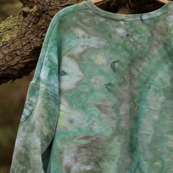 Ice dye sweatshirt in Frog Pond, 2XL, watercolor tie dye, cotton fleece crewneck, hand dye pullover, boho leisure wear, OOAK, green