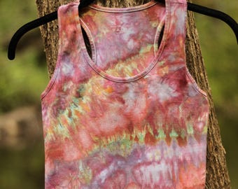 Tie Dye Crop Tank, Small, Racer Back, Ice Dye Yoga Top, Hand Dyed Boho Tank, Festival Wear, Soft Beach Wear, Vacation Wear, Pink