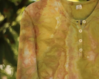 Hand Dyed Long Sleeve Shirt, Unisex Medium, Henley Long Sleeve Ice Dye Shirt, Waffle Knit, Ice Dyed Thermal Top, Festival Wear, Green