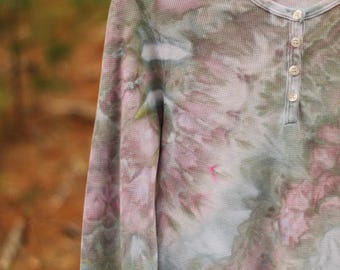 Hand Dyed Long Sleeve Shirt, Unisex Small, Henley Long Sleeve Ice Dye Shirt, Waffle Knit, Ice Dyed Thermal Top, Festival Wear, Green