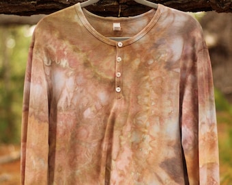 Ice dyed long sleeve shirt, unisex XL, henley long sleeve tie dye shirt, waffle knit, hand dyed thermal top, festival wear, neutral colors