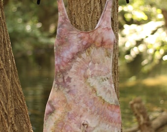 Ice dye tank bodysuit, small, tie dye playsuit, aerialist unitard, festival wear, hand dyed, gift for yoga lover, bike shorts, OOAK, Pink