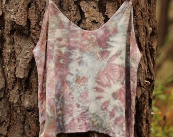 Tie Dye Crop Tank, Medium, Ice Dyed Cropped Camisole Tank, Adjustable Straps, Hand Dyed Boho Summer Top, Flowy Rayon, Vacation Wear, Purple