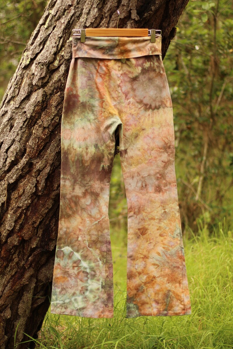 Tie Dye Flare Yoga Pants, Geode Ice Dye Legging, High Waist Bell Bottoms, Fold Over Pants, Soft Cotton, Festival Wear, Hand Dyed, Neutral image 5