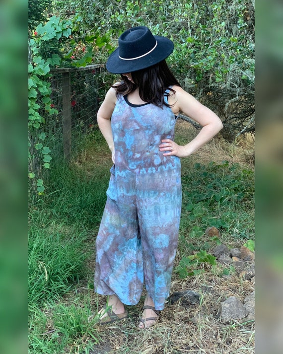 Tie Dyed Rayon Romper in STORMY SEAS, Women's Size SMALL, Flowy Jumpsuit,  Wide Leg, Ice Dyed, Boho Vacation Wear, 