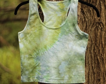 Ice Dye Crop Tank, Medium, Racer Back, Geode Tie Dye Yoga Top, Hand Dyed Boho Tank, Festival Wear,  Lounge Wear, Green