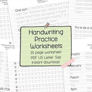 Könnte beinhalten: Handschrift-Übungsblätter mit Schreibübungen für Zahlen, Buchstaben und Wörter. Enthält ein 25-seitiges PDF im US Letter-Format. Die Arbeitsblätter enthalten Wörter wie "Engel" und Sätze zum Üben.