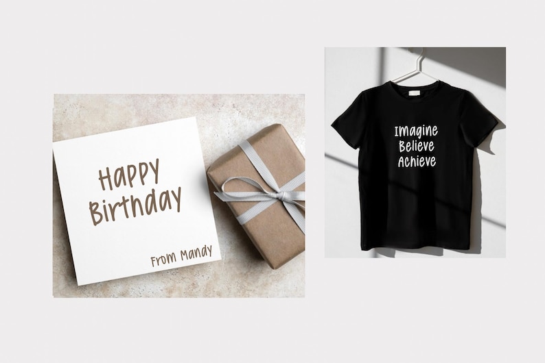 Op de afbeelding: Een verjaardagskaart met de woorden "Happy Birthday" en "From Mandy" ligt naast een ingepakt cadeau met een zilveren lint. Een zwart t-shirt met de woorden "Imagine Believe Achieve" hangt aan een hanger.