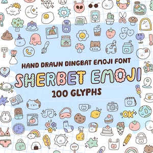 May include: A collection of colorful, hand-drawn emoji illustrations on a light blue grid background. The text "HAND DRAWN DINGBAT EMOJI FONT SHERBET EMOJI 100 GLYPHS" is displayed in a playful font. The emojis include food, animals, and other cute icons.