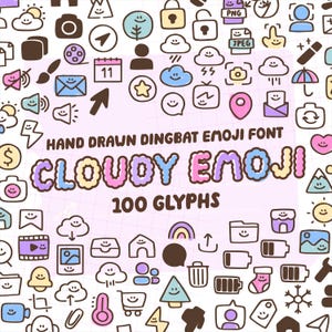 May include: A set of 100 hand-drawn dingbat emoji font glyphs in a colorful cloud shape. The font is called "Cloudy Emoji".