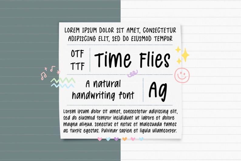 Op de afbeelding: Een wit papier met de tekst "Time Flies" in een handgeschreven lettertype, samen met "A natural handwriting font" en "Ag". Het papier is versierd met muzieknoten, sparkles en een smiley.