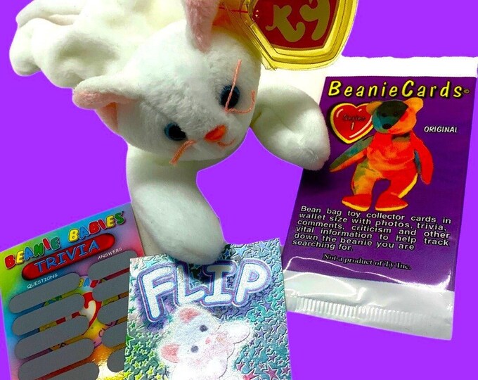 Flip the White Cat Beanie Baby with Trading Card & Sealed Pack Birthdate on tag 2-28-95
