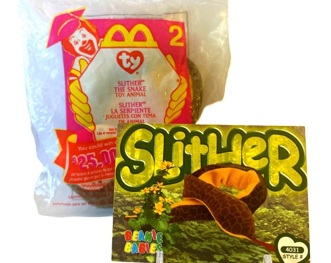 Slither the Snake Beanie Baby with Trading Card Gift Set, Stocking Stuffers, 90s kids