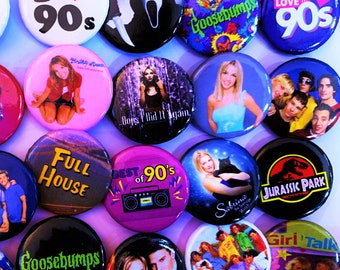 90s Style Buttons, 90s Party favors, Choose One Pinback button, 90s gift ideas, y2k, 90s pins, 90210