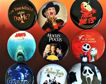 Halloween Style Buttons, Choose One 90's Style Pinback button, 80s- & 90s-Party favors, Gift ideas, 90s pins